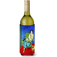 Lady with her  Fawn Pug Wine Bottle Beverage Insulator Beverage Insulator Hugger