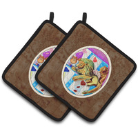 "Caroline's Treasures Pomeranian On The Couch with Toy Tiger Pair of Pot Holders 7103PTHD, 7.5HX7.5W, Multicolor"
