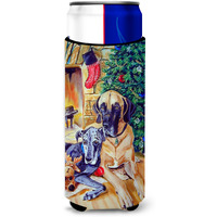 Fawn and Blue Great Dane waiting on Christmas Ultra Beverage Insulators for slim cans 7111MUK