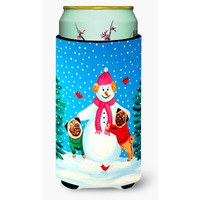 Snowman with Pug Winter Snowman  Tall Boy Beverage Insulator Beverage Insulator Hugger