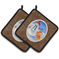 "Caroline's Treasures Snowman with Pomeranian Winter Snowman Pair of Pot Holders 7151PTHD, 7.5HX7.5W, Multicolor"