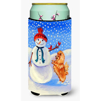 Snowman with Pomeranian Winter Snowman  Tall Boy Beverage Insulator Beverage Insulator Hugger