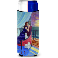 Lady with her Westie Ultra Beverage Insulators for slim cans 7167MUK