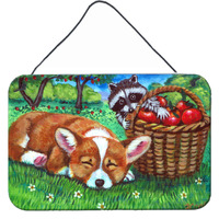 "Caroline's Treasures Corgi with the Racoon Apple Thief Wall or Door Hanging Prints 7430DS812, 8HX12W, Multicolor"
