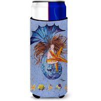 Brown Headed Mermaid on Blue Ultra Beverage Insulators for slim cans 8337MUK