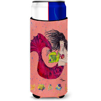 Black haired Mermaid on Red Ultra Beverage Insulators for slim cans 8338MUK