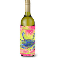 Blue Crab Bright Pink and Green Wine Bottle Beverage Insulator Beverage Insulator Hugger