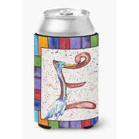 Letter E with Blue Heron Can or Bottle Beverage Insulator Hugger 8428