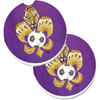 "Caroline's Treasures Tiger Fleur De Lis Soccer Set of 2 Cup Holder Car Coasters 8477CARC, 2.56, Multicolor"