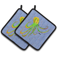 "Caroline's Treasures Octopus On Blue Pair of Pot Holders 8524PTHD, 7.5HX7.5W, Multicolor"