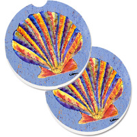 "Caroline's Treasures Scalloped Shell On Blue Set of 2 Cup Holder Car Coasters 8525CARC, 2.56, Multicolor"