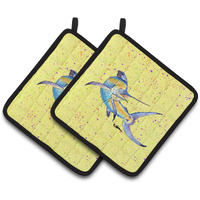 "Caroline's Treasures Blue Marlin On Yellow Pair of Pot Holders 8533PTHD, 7.5HX7.5W, Multicolor"