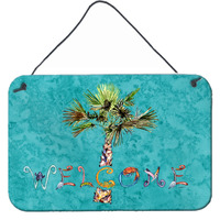 "Caroline's Treasures 8711DS812 Welcome Palm Tree on Teal Wall or Door Hanging Prints, 8 x 12"", Multicolor"