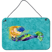 "Caroline's Treasures 8724DS812 Blonde Mermaid on Teal Wall or Door Hanging Prints, 8 x 12"", Multicolor"