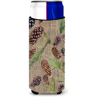 Pine Cones  on Faux Burlap Ultra Beverage Insulators for slim cans 8735MUK