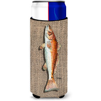 Fish Red Fish  on Faux Burlap Ultra Beverage Insulators for slim cans 8736MUK