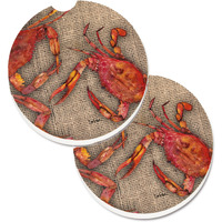 "Caroline's Treasures Cooked Crabs On Faux Burlap Set of 2 Cup Holder Car Coasters 8742CARC, 2.56, Multicolor"