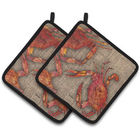 "Caroline's Treasures Cooked Crabs On Faux Burlap Pair of Pot Holders 8742PTHD, 7.5HX7.5W, Multicolor"