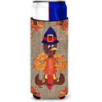 Thanksgiving Turkey Fleur de lis on Faux Burlap Ultra Beverage Insulators for slim cans 8743MUK