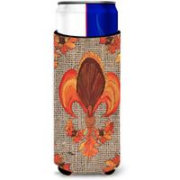 Thanksgiving Turkey Fleur de lis  on Faux Burlap Ultra Beverage Insulators for slim cans 8744MUK