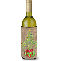 Christmas Tree Fleur de lis on Faux Burlap Wine Bottle Beverage Insulator Beverage Insulator Hugger