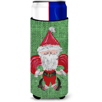 Christmas Santa Fleur de lis on Faux Burlap Ultra Beverage Insulators for slim cans 8746MUK