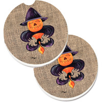 "Caroline's Treasures Halloween Pumpkin Bat Fleur De Lis Set of 2 Cup Holder Car Coasters 8748CARC, 2.56, Multicolor"