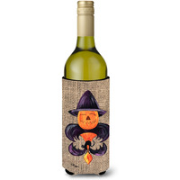 Halloween Pumpkin and Bat Fleur de lis on Faux Burlap Wine Bottle Beverage Insulator Beverage Insulator Hugger