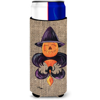 Halloween Pumpkin and Bat Fleur de lis on Faux Burlap Ultra Beverage Insulators for slim cans 8748MUK
