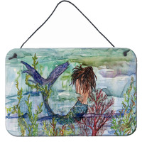 "Caroline's Treasures Brunette Mermaid Coral Fantasy Wall or Door Hanging Prints 8973DS812, 8""H x 12""W, Multicolor"