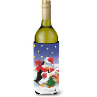 "Caroline's Treasures Penguin and Robin with Christmas Tree Wine Bottle Koozie Hugger, 750ml, Multicolor"