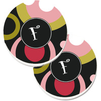 "Caroline's Treasures Letter F Monogram - Retro In black Set of 2 Cup Holder Car Coasters AM1001-FCARC, 2.56, Multicolor"