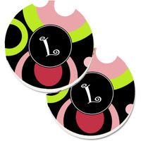 "Caroline's Treasures Letter L Monogram - Retro In black Set of 2 Cup Holder Car Coasters AM1002-LCARC, 2.56, Multicolor"