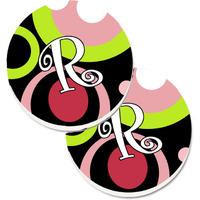 "Caroline's Treasures Letter R Monogram - Retro In black Set of 2 Cup Holder Car Coasters AM1002-RCARC, 2.56, Multicolor"