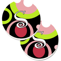 "Caroline's Treasures Letter S Monogram - Retro In black Set of 2 Cup Holder Car Coasters AM1002-SCARC, 2.56, Multicolor"