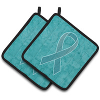 "Caroline's Treasures Teal Ribbon For Ovarian Cancer Awareness Pair of Pot Holders AN1201PTHD, 7.5HX7.5W, Multicolor"