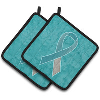 "Caroline's Treasures Teal & White Ribbon For Cervical Cancer Awareness Pair of Pot Holders AN1215PTHD, 7.5HX7.5W, Multicolor"