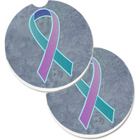 "Caroline's Treasures Teal, Pink & Blue Ribbon For Thyroid Cancer Awareness Set of 2 Cup Holder Car Coasters AN1217CARC, 2.56, Multicolor"