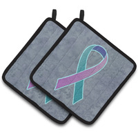 "Caroline's Treasures Teal, Pink & Blue Ribbon For Thyroid Cancer Awareness Pair of Pot Holders AN1217PTHD, 7.5HX7.5W, Multicolor"