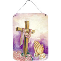 "Caroline's Treasures Easter Cross with Praying Hands Wall or Door Hanging Prints APH2810DS1216, 16HX12W, Multicolor"