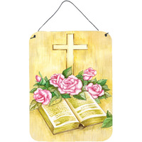 "Caroline's Treasures Easter Cross and Bible with Roses Wall or Door Hanging Prints APH4072DS1216, 16HX12W, Multicolor"