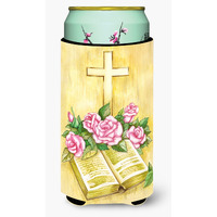 "Caroline's Treasures Easter Cross and Bible with Roses Tall Boy Koozie Hugger, Multicolor"