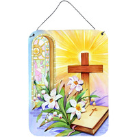 "Caroline's Treasures Easter Cross and Bible in Stain Glass Window Wall or Door Hanging Prints APH5433DS1216, 16HX12W, Multicolor"