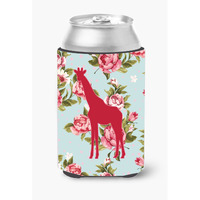 Giraffe Shabby Chic Blue Roses Can or Bottle Beverage Insulator Hugger BB1001