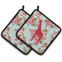 "Caroline's Treasures Giraffe Shabby Chic Blue Roses Pair of Pot Holders BB1001-RS-BU-PTHD, 7.5HX7.5W, Multicolor"