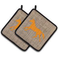 "Caroline's Treasures Horse Faux Burlap & Orange Pair of Pot Holders BB1003-BL-OR-PTHD, 7.5HX7.5W, Multicolor"