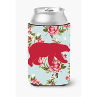 Bear Shabby Chic Blue Roses Can or Bottle Beverage Insulator Hugger BB1005