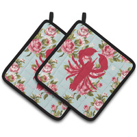 "Caroline's Treasures Lobster Shabby Chic Blue Roses Pair of Pot Holders BB1015-RS-BU-PTHD, 7.5HX7.5W, Multicolor"