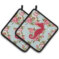 "Caroline's Treasures Sea Horse Shabby Chic Blue Roses Pair of Pot Holders BB1018-RS-BU-PTHD, 7.5HX7.5W, Multicolor"