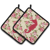 "Caroline's Treasures Sea Horse Shabby Chic Yellow Roses Pair of Pot Holders BB1018-RS-YW-PTHD, 7.5HX7.5W, Multicolor"